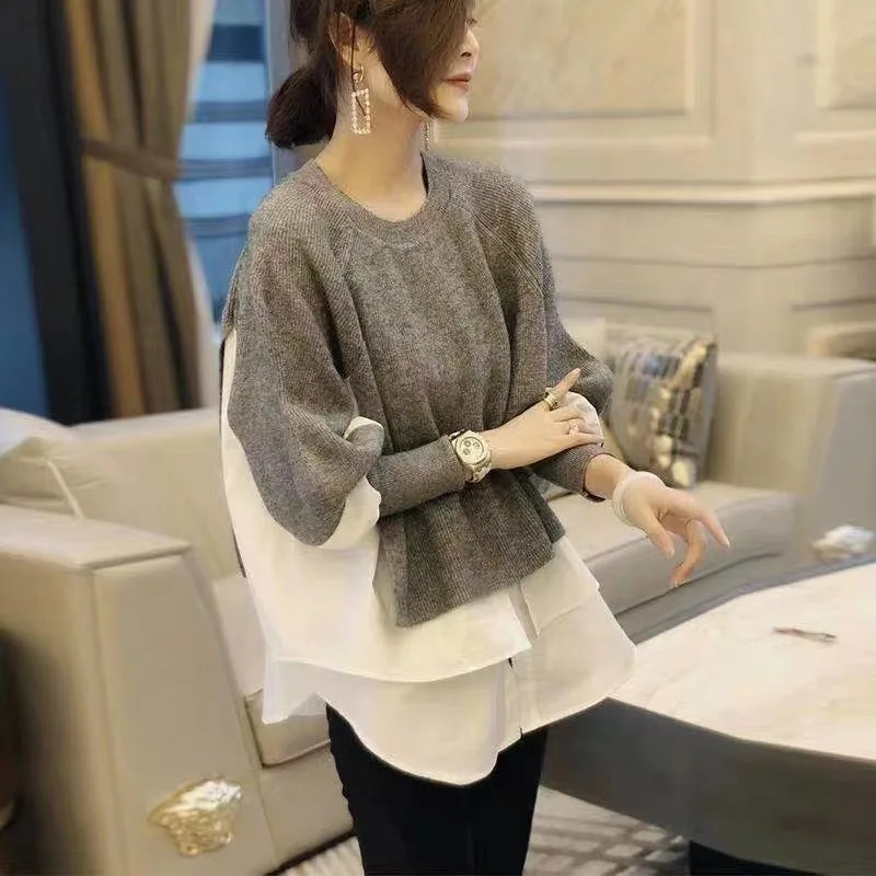 Korėjos versija prarasti mados megzti paltai pavasarį ir rudenį naujų užsienio stiliaus megztinis susiuvimo marškinėliai netikrą dvi viršūnes . ' - ' . 0