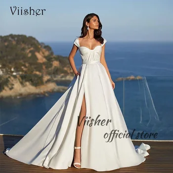 Viisher White Satin A-Line Wedding Dresses Bžūp Rankovėmis Kojos Padalinta Paplūdimio Vestuvių Suknelės 2023 Individualų Vestuvių Nuotaka Suknelę