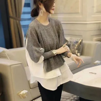Korėjos versija prarasti mados megzti paltai pavasarį ir rudenį naujų užsienio stiliaus megztinis susiuvimo marškinėliai netikrą dvi viršūnes