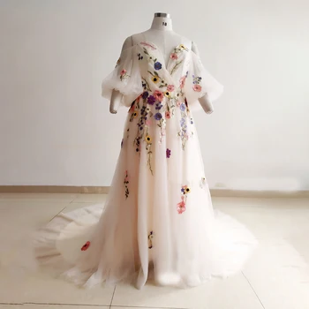 Pusė Reljefiniai Rankovės Siuvinėjimas, Gėlių 3D Vestuvinės Suknelės Atvira nugara Plius Dydis Tullle Brangioji Ruched Žiedų Spalvos Vestuvinė Suknelė